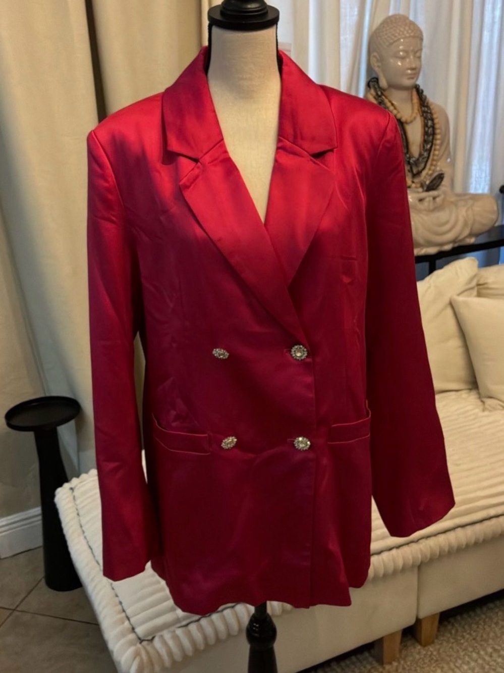 Women's Double-Breasted Satin Blazer Jacket in Fuchsia